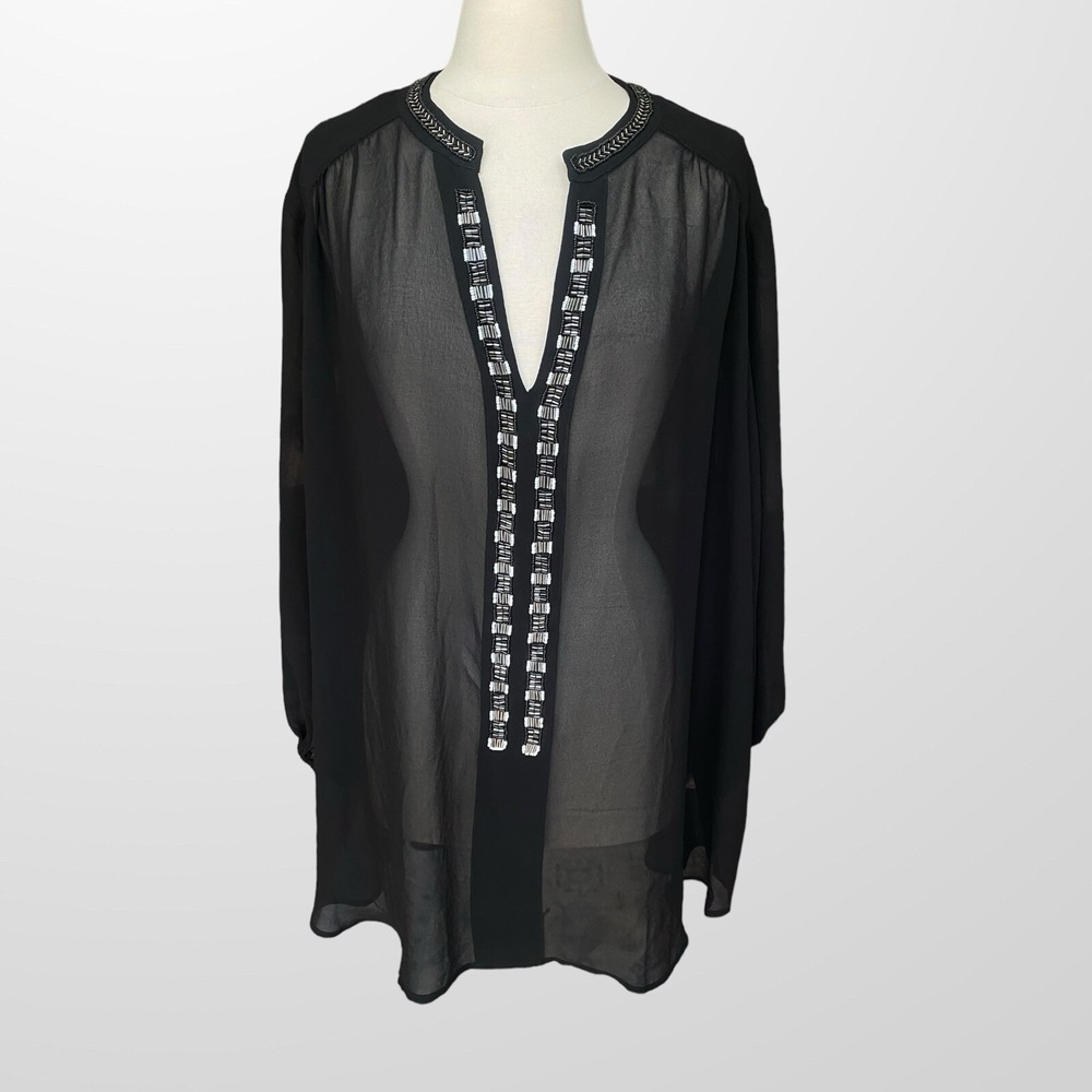 VIP Avenue Size 30 / 32 Sheer Blouse Top Shirt Black Beaded Long Sleeve NEW